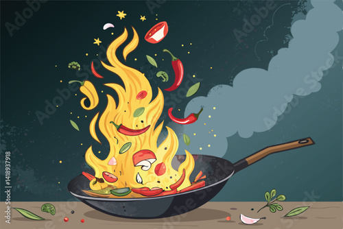 A vibrant close-up shot of a wok in flames, showcasing tossed ingredients airborne, emphasizing the dynamic energy of stir-frying.