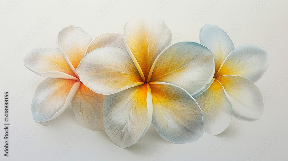 Fototapeta premium Three Elegant White Plumeria Flowers with Yellow Centers on a Clean White Background