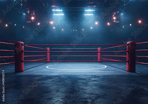 Empty professional wrestling ring in arena with red ropes illuminated by intense spotlights