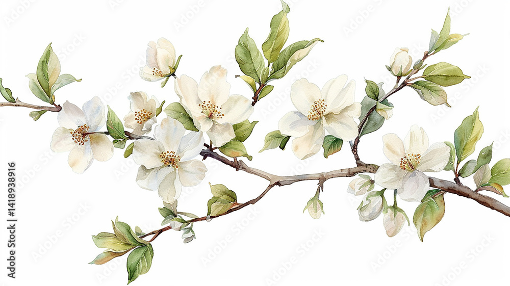 Fototapeta premium Watercolor Blossom Branch with White Flowers and Green Leaves on White Background