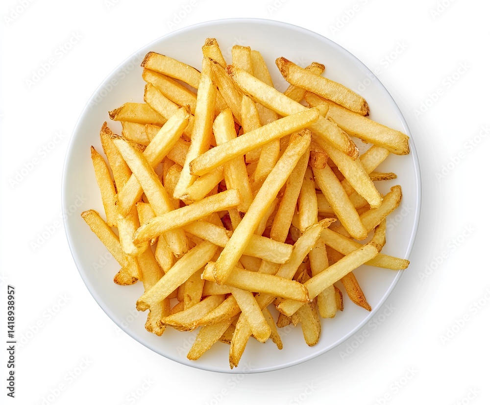 A white plate piled high with golden, crispy french fries A white plate piled high with golden, crispy french fries