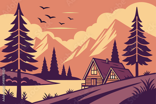 92 Mountain landscape, sunset sky, geometric art style, cabins in the wilderness, tall trees, rolling hills, calm lake, warm color palette, stylized clouds, flock of birds, serene atmosphere, vector-l