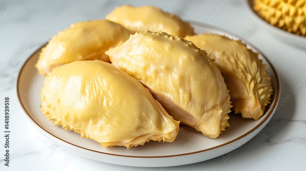 Durian segments with plate, and marble background. Durian segments with plate, and marble background.