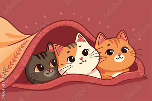Whimsical illustration of playful tabby cats hiding amongst colorful blankets, showcasing a fun hide-and-seek pattern.