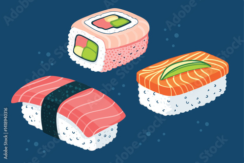 Generate a vibrant, surreal image of floating nigiri and maki sushi pieces against a white background, showcasing a dynamic, visually appealing pattern.