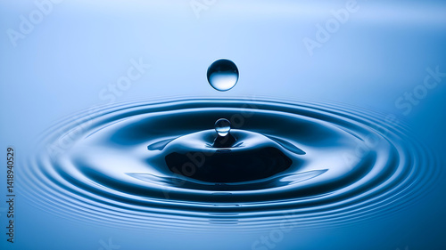 blue water drop creating symmetrical ripples and waves in perfect circular pattern on surface
