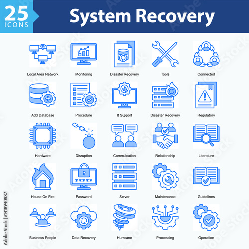 System Recovery is a collection of icons in sheet format representing system restoration, technical support, and digital emergency response.