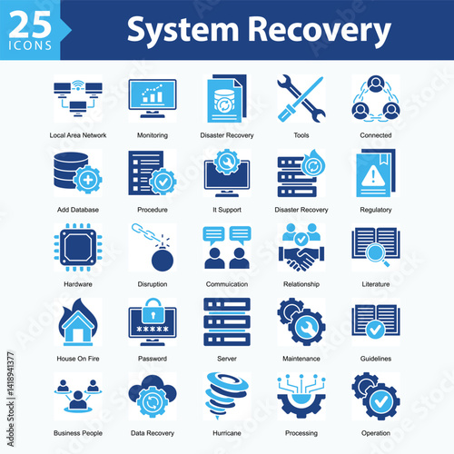 System Recovery is a collection of icons in sheet format representing system restoration, technical support, and digital emergency response.