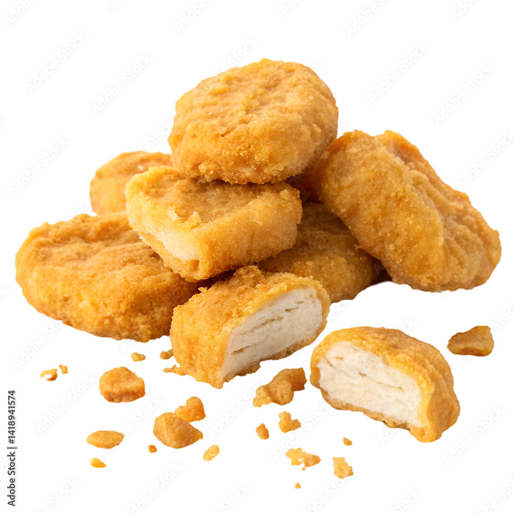 Chicken nuggets pile close up isolated on white background