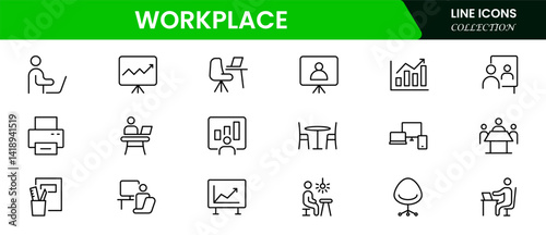 Workplace icon outline set. Containing job, working, employee, project, teamwork, employment, meeting, appointment, and more. Vector line icons collection.