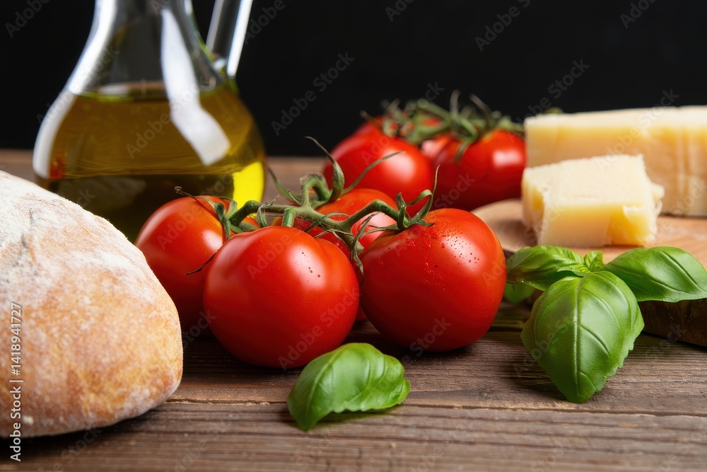 Italian food background with tomatoes on vine, basil, olive oil, parmesan cheese and ciabatta bread Italian food background with tomatoes on vine, basil, olive oil, parmesan cheese and ciabatta bread