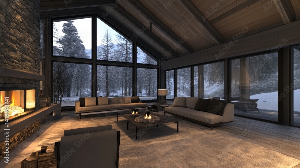 Naklejka premium Cozy living room with fireplace and view of winter landscape