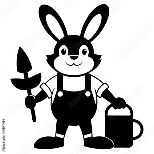 Cartoon Rabbit Gardener with Beer and Shovel