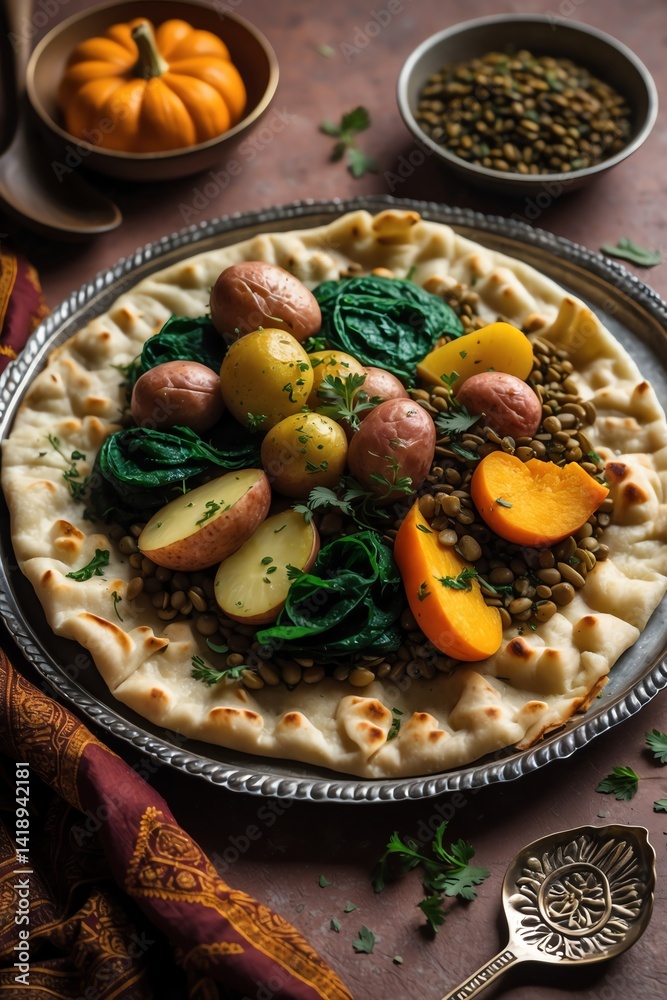 Flatbread Topped with Lentils, Potatoes and Vegetables Delicious Vegan Meal Flatbread Topped with Lentils, Potatoes and Vegetables Delicious Vegan Meal