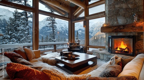 Cozy cabin interior with fireplace and snowy mountain view