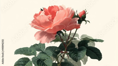 Detailed Botanical Illustration of a Pale Pink Rose in Full Bloom with Closed Bud and Lush Green Foliage on Plain Off-White Background