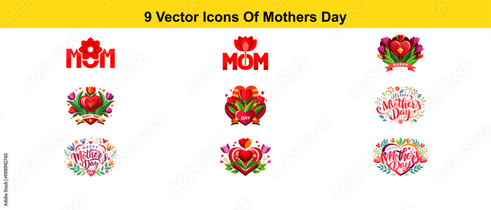 Fototapeta premium A collection of 9 vector icons related to Mother's Day, featuring various designs like flowers, hearts, and the word MOM to express love and celebration