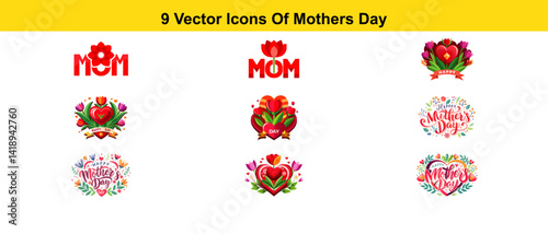 A collection of 9 vector icons related to Mother's Day, featuring various designs like flowers, hearts, and the word MOM to express love and celebration