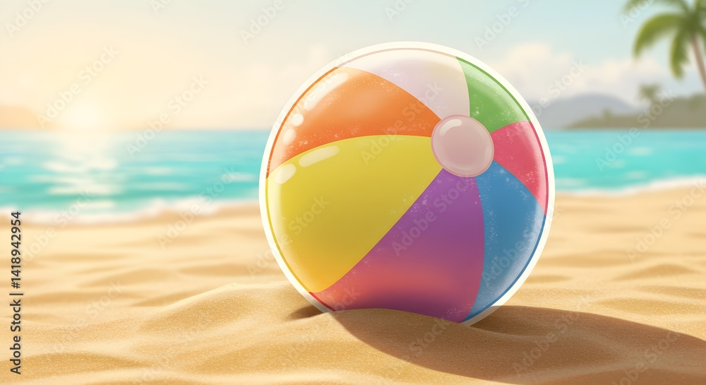 Obraz premium A Vibrant Beach Ball Resting on Sandy Shores in a Sunny Tropical Paradise
