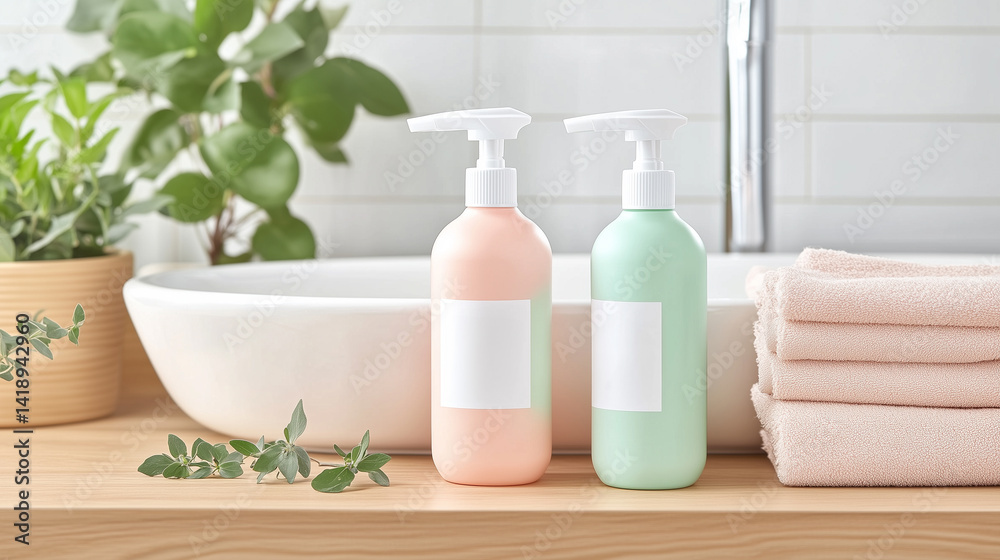 Elegant bathroom display with skincare products and towels Elegant bathroom display with skincare products and towels