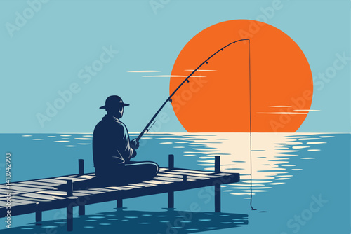 Serene dawn silhouette of a lone fisherman meditating peacefully on a tranquil lake, reflecting on the day ahead.