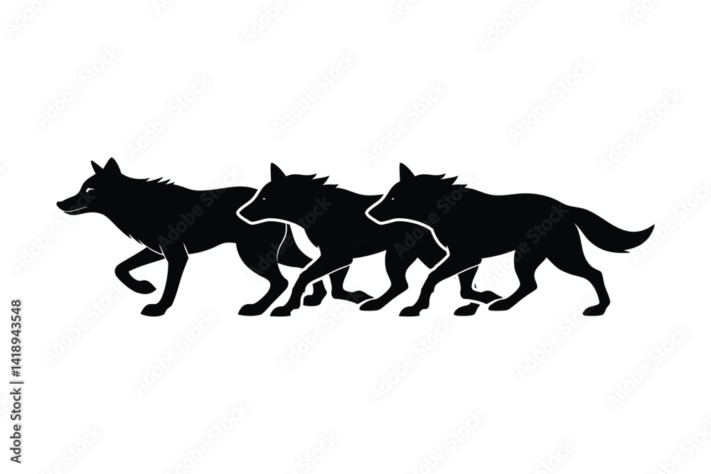 Obraz premium Silhouette art illustration of three wolves running in formation and facing left.eps