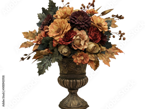 Elegant Autumn Floral Arrangement in Ornate Urn Vase: A Stunning Display of Fall Colors and Textures