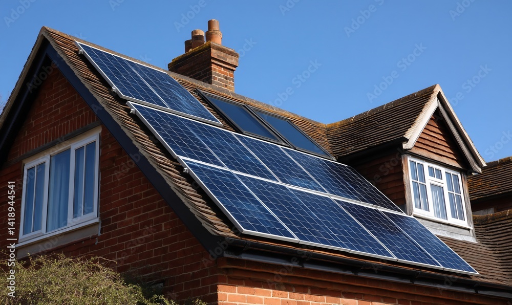 Residential home with solar panels on the gable roof under a clear blue sky Residential home with solar panels on the gable roof under a clear blue sky