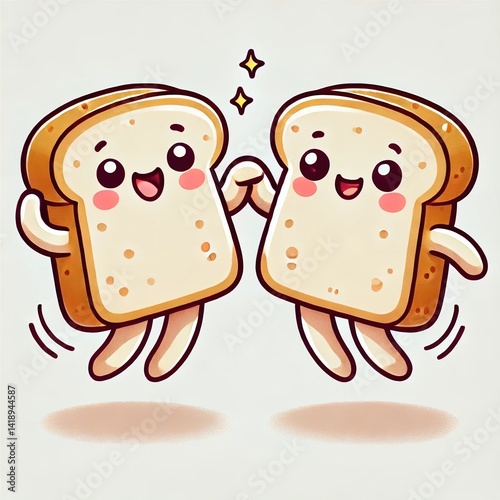 Happy cartoon bread characters dancing together.