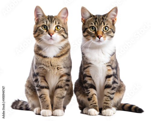 Two cats sitting together on white background