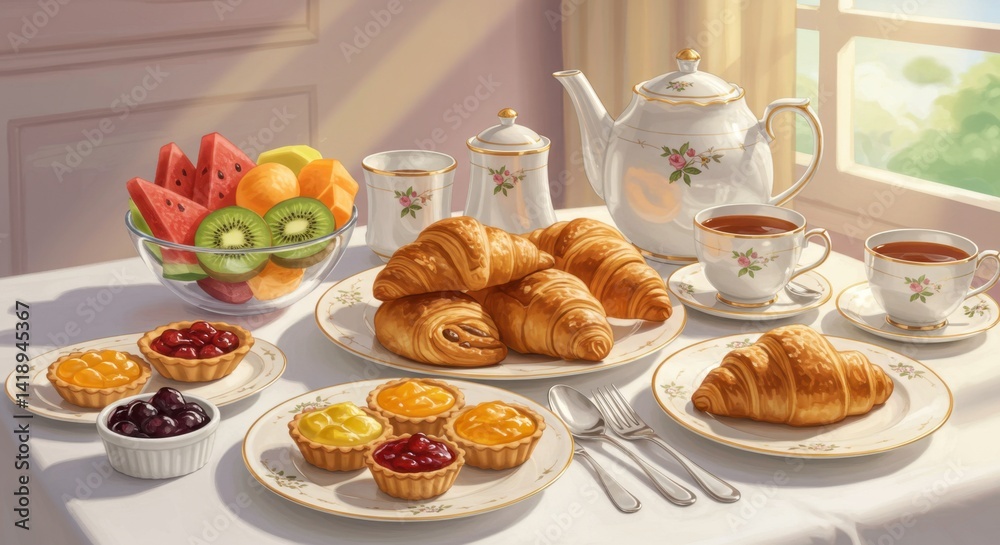 Elegant Breakfast Table Setting with Croissants and Fruit Elegant Breakfast Table Setting with Croissants and Fruit