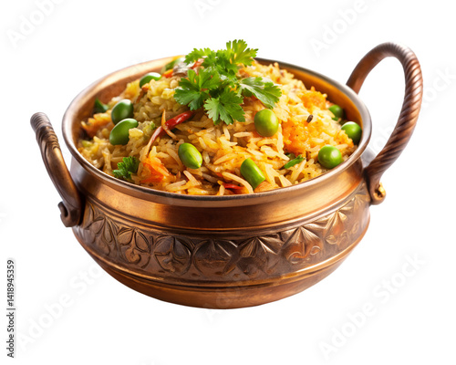 Vegetable biryani in copper bowl on white background photo