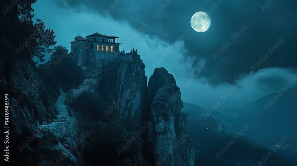Nightfall at the Mountaintop Monastery: A Serene Moonlit Scene Nightfall at the Mountaintop Monastery: A Serene Moonlit Scene