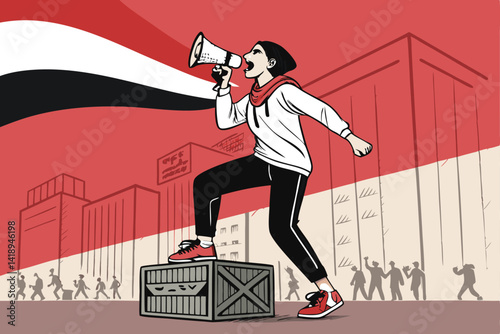 A passionate protester, standing atop a crate, vehemently shouts into a crowd during a demonstration.  Capture the intensity and emotion of the moment.