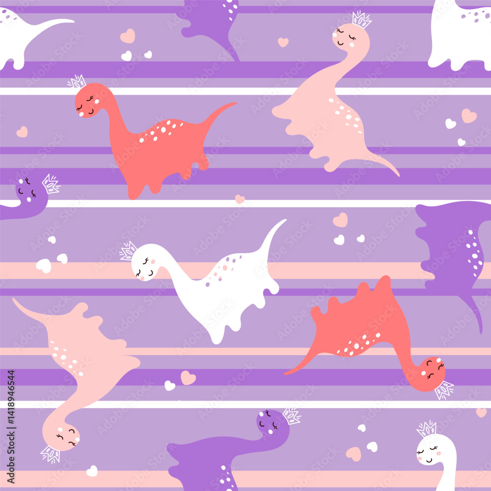 Vector seamless pattern with playful pastel dinosaur on a striped background. Smiling dinosaurs wearing crowns are surrounded by hearts, creating a whimsical atmosphere Vector seamless pattern with playful pastel dinosaur on a striped background. Smiling dinosaurs wearing crowns are surrounded by hearts, creating a whimsical atmosphere