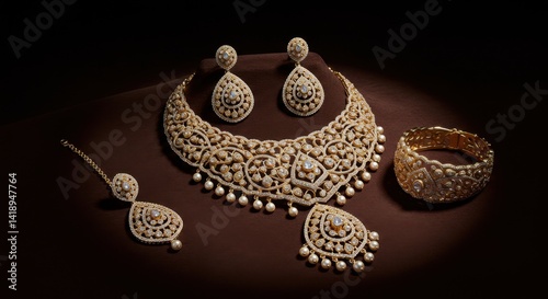 Elegant Diamond and Pearl Jewelry Set on Brown Background