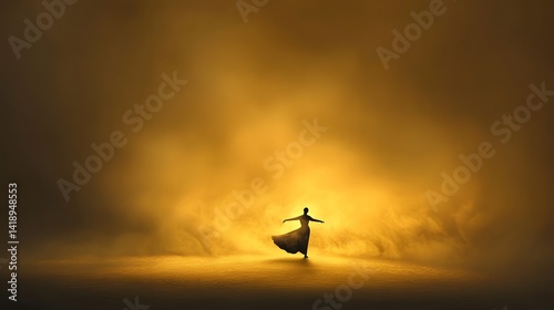 A surreal and captivating image of a graceful dancer dissolving into a shimmering golden mist seemingly transitioning or vanishing into another mystical dimension or world beyond