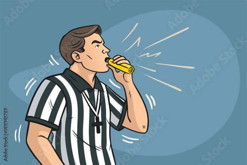 A referee with exaggerated facial expression forcefully blows a whistle,  dramatic puff of air visible.  Close-up shot.