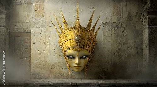 Mysterious and ominous golden headpiece worn by a dancer glowing with an unsettling supernatural energy in the dark  This cursed artifact radiates an aura of ancient esoteric power