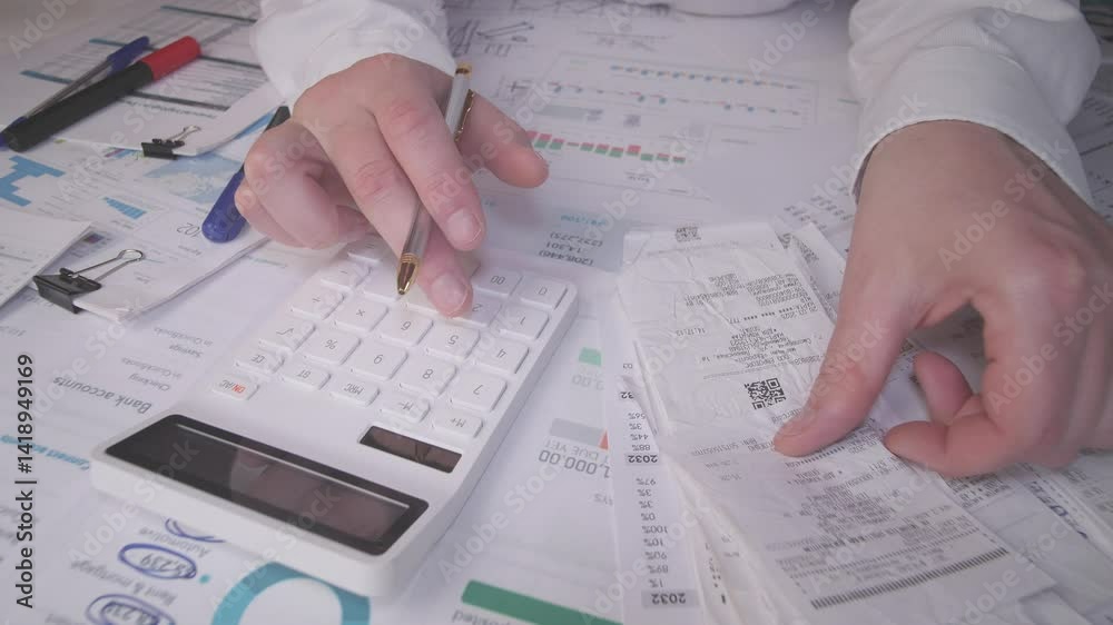 A focused individual is meticulously calculating expenses using receipts and a calculator in their organized workspace