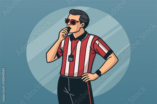 A stylish referee portrait; cool, confident pose, sunglasses, whistle around neck, sharp attire.  Image evokes authority and sport.