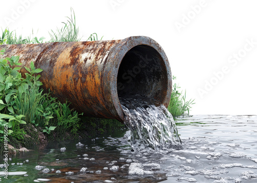 rusty pipe pouring water into river isolated on transparent background
