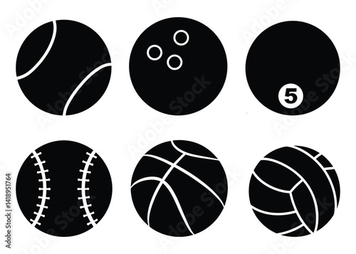 Assorted sports balls including tennis, bowling, baseball, basketball, and volleyball