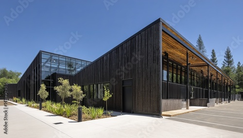 Wallpaper Mural Modern Architectural Design: Sleek Black Exterior Building with Glass Facade and Wooden Accents under a Sunny Sky Torontodigital.ca