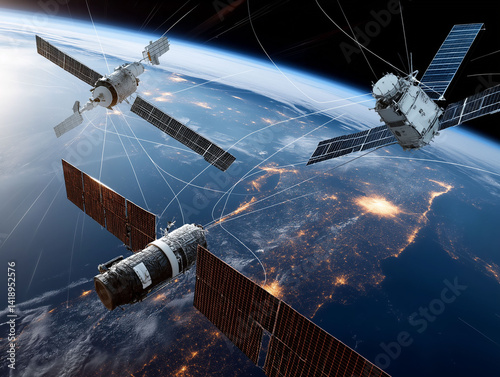 Tech war USA vs China competition trade. Cyberattack scenarios. Conflict infrastructure. Satellite networks orbiting Earth, featuring American and Chinese technology.