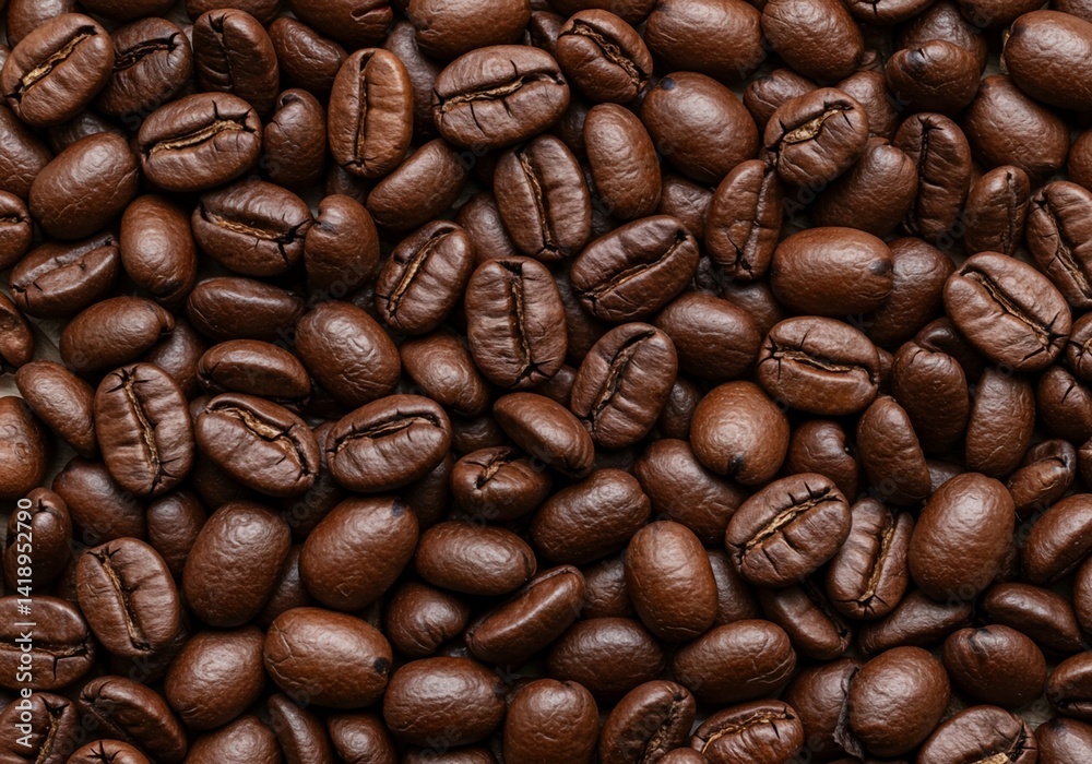 Obraz premium Close-knit collection of roasted coffee beans, displaying their deep brown hue and textured surface