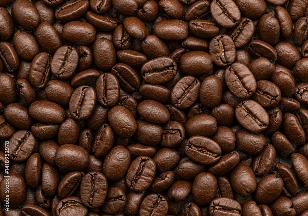 Naklejka premium Overlapping pile of dark brown roasted coffee beans, densely packed and filling the entire visual space