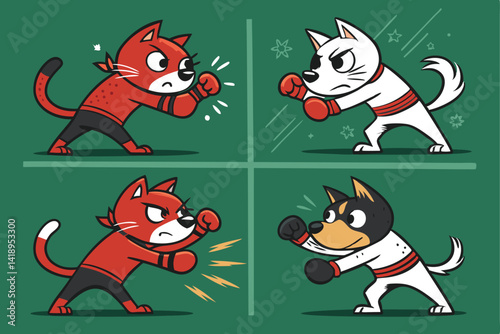 Create a repeating vector pattern showcasing comical cat and dog rivalry scenes; playful, dynamic poses, contrasting colors.