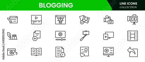Blogging icon collection. Containing influencer, content, creation, vlogger, social media, digital marketing, and community icons. Vector illustration.