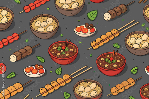 Create a repeating pattern featuring adorable illustrations of various popular Indonesian street foods like sate, gado-gado, and pisang goreng.  Style should be cute and cartoonish.